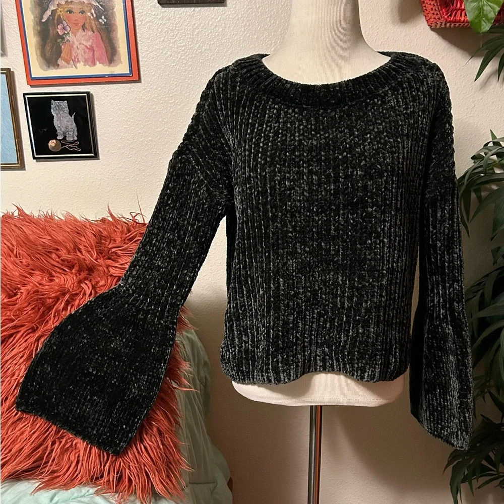 Express Size S Black Crew Neck Sweater with Bell Sleeves - Picture 1 of 14